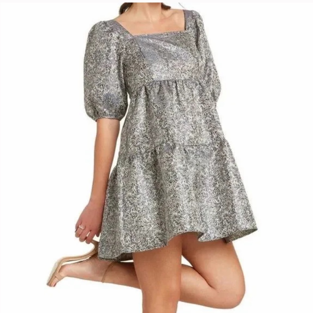 Anthropologie Moon River Dress Jacquard Puff Sleeve Metallic Bubble Dress L